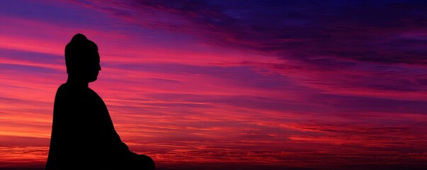 A serene silhouette of a meditating figure against a vibrant sunset sky, showcasing hues of purple, pink, and orange.