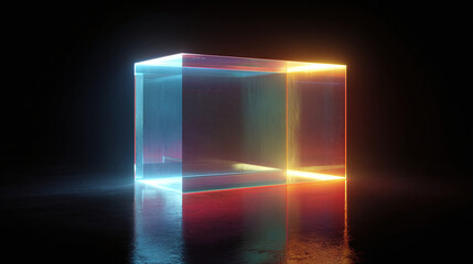 A luminous translucent cube glows with vibrant colors in the dark. It is a stunning visual representation of light and form.