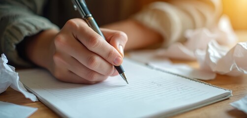 Student hand writes on lined paper with crumpled drafts nearby. Person studies at desk, working on assignment, facing academic challenge. Frustration and effort visible.