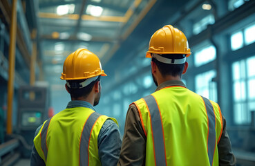 Two workers wearing yellow hard hats and bright vests stand inside a factory. They look forward into the large industrial space. Their backs are to the viewer as they observe the setting.