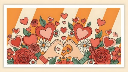 Hands forming a heart surrounded by flowers and hearts on orange background