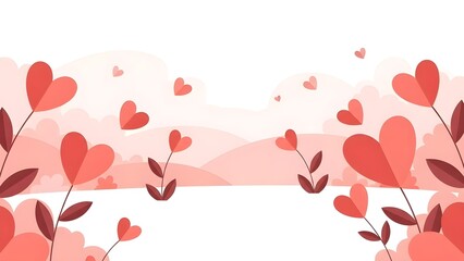 Heart-shaped leaves and flowers in shades of red and pink on white background