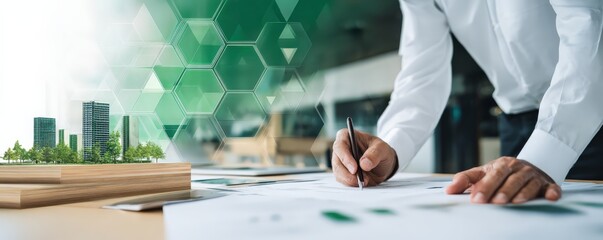An individual sketches architectural plans on paper, surrounded by a model of buildings and greenery, exemplifying design and innovation in urban development.