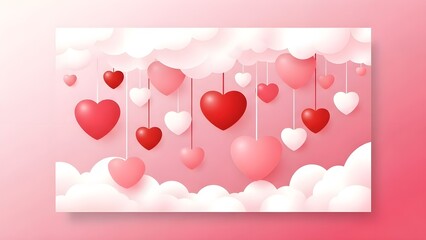 Pink background with hanging red and white hearts surrounded by white clouds