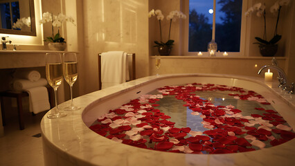 Luxurious Romantic Spa Bath for Two with Abundant Red Rose Petals and Champagne Flutes, Relaxing Ambiance