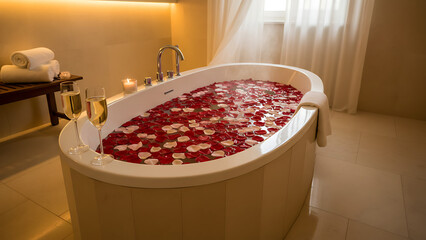 Luxurious Romantic Spa Bath for Two with Abundant Red Rose Petals and Champagne Flutes, Relaxing Ambiance