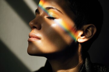 A portrait where rainbow-colored light falls softly across the face, blending red, orange, yellow, green, blue, and violet on skin contours