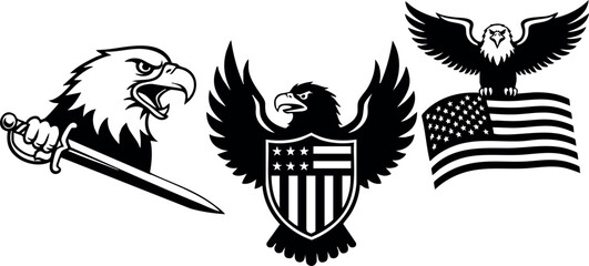 Obraz premium Eagle with sword and shield alongside eagle holding American flag patriotic vector set design