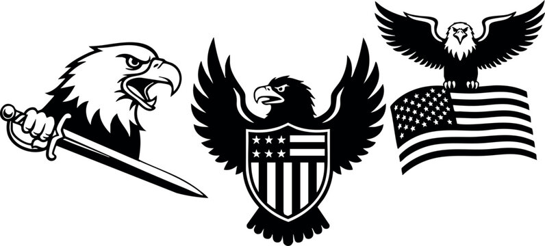 Eagle with sword and shield alongside eagle holding American flag patriotic vector set design