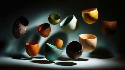 Imaginative Still Life of Weightless Ceramics in Dramatic Lighting
