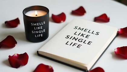 A humorous celebration of single life with a unique candle and book, adorned with red rose petals