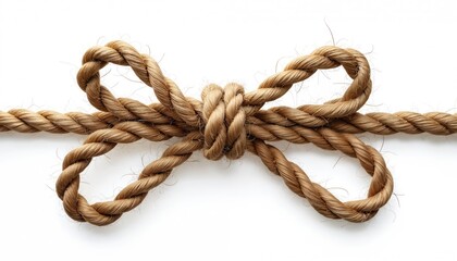Thick brown rope tied in decorative bow knot, isolated on clean white background. Image represents connection, security, finished task. Suitable for projects about binding, securing, gift wrapping.