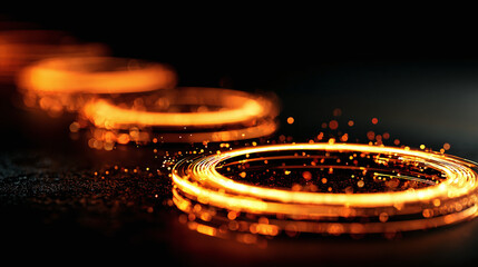 Abstract image featuring glowing rings and light particles. The rings appear to be levitating against a dark backdrop