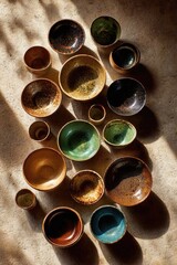 A top-down view of a symmetrical arrangement of miniature cups and bowls