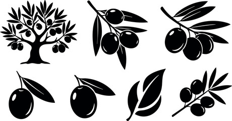 Olive tree and olive branch vector icons black silhouette simple design for natural food and agriculture concept © PixelPaletteArt