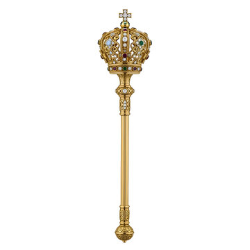Golden scepter with jewels and cross design against transparent background