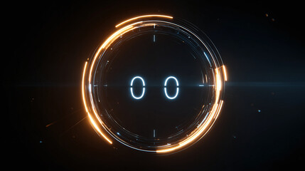 A futuristic digital timer with glowing neon rings and a dark background. The timer displays the number zero