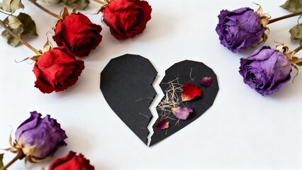 Broken black heart surrounded by withered red and purple roses, symbolizing lost love
