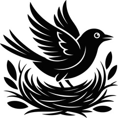 Obraz premium Black silhouette illustration of two birds perched on a nest, minimalist nature symbol representing family, care, protection, and wildlife harmony.