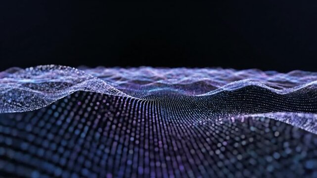 Abstract, undulating surface of tiny, glowing dots against a dark background, forming waves