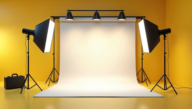Empty photo studio with lighting equipment and white backdrop. Yellow wall provides background for content creation and portraiture. Pro setup for shoots.