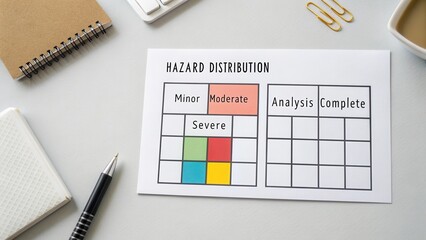 Hazard Distribution Chart with Color-Coded Levels of Risk Analysis on Modern Desk with Office Supplies