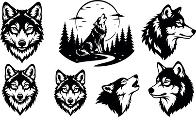 Obraz premium Wolf head and howling wolf silhouette with pine tree forest in full moon vector set