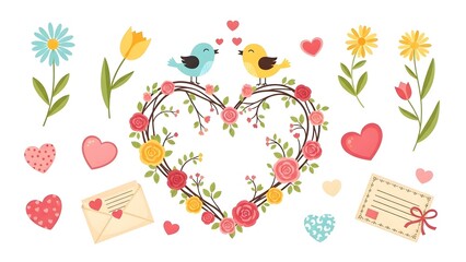 Two birds on a floral heart-shaped frame surrounded by flowers and hearts
