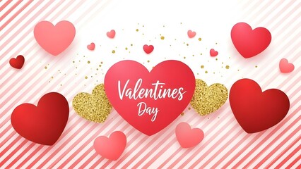 Valentine's Day greeting card with red and pink hearts on striped background