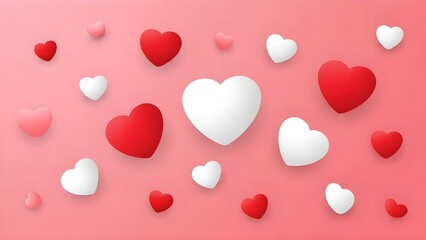 Multiple red and white hearts of various sizes on a pink background