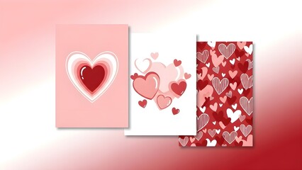 Three cards with heart designs on pink, white, and red backgrounds
