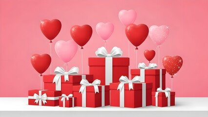 Red gift boxes with white ribbons and heart-shaped balloons on pink background