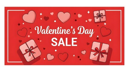 Valentine's Day sale banner with hearts and gift boxes on red background.