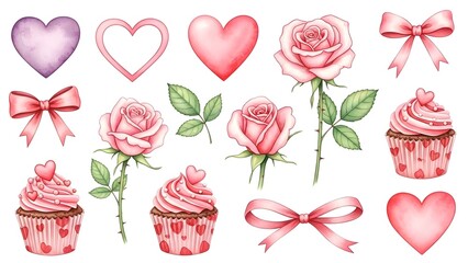 Watercolor illustration of hearts, roses, cupcakes, and bows on white background
