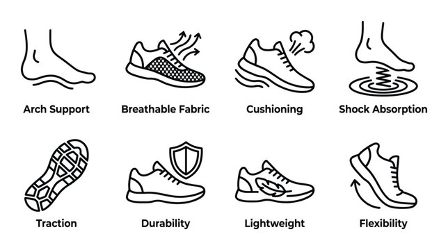 Technology features footwear include arch support breathable fabric cushioning shock absorption