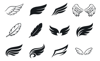 Obraz premium Stylized wing and feather set featuring line art and silhouette designs for graphic decoration