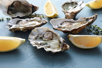 Delicious fresh oysters with lemon and thyme on blue background, closeup © Pixel-Shot