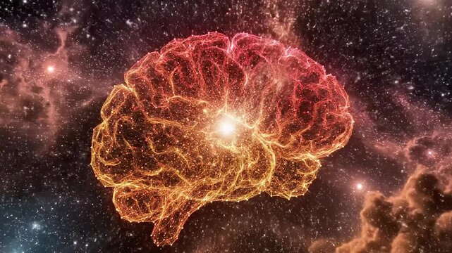 A vibrant brain with a glowing core set against a stunning cosmic backdrop with stars and colorful nebulae