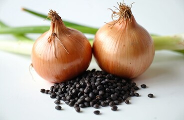 Two ripe onions rest near a pile of dark seeds. Fresh green onion stalks sprout behind the bulbs. This photo shows ingredients for cooking or planting.