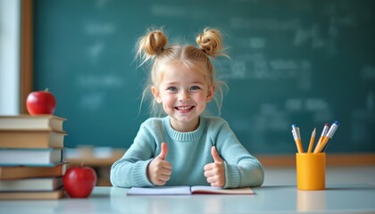 Happy young girl gives thumbs up at desk in classroom. Books and apples nearby show school theme. Child is ready for learning. She smiles bright.
