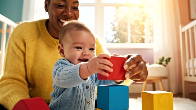 Baby stacking colorful blocks in a sunlit room, with a smiling adult nearby