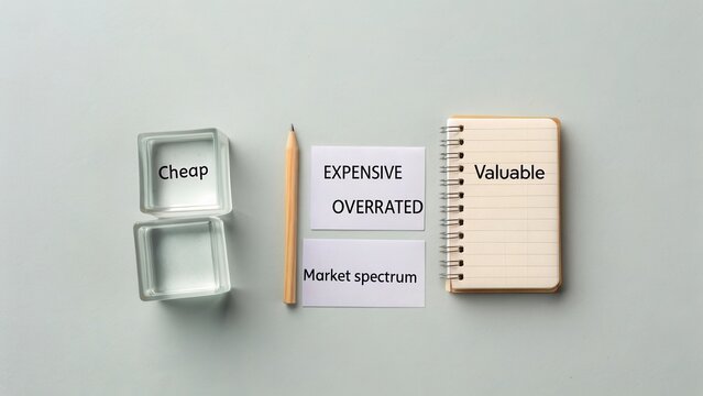 Price Evaluation Concepts on Desk with Labels Reflecting Market Worth and Perception of Cost Differences