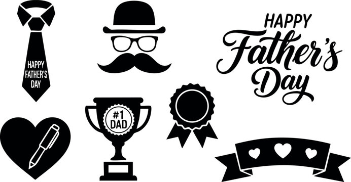 Fathers Day celebration icons with trophy, tie, mustache, heart, and ribbon elements for dad appreciation and love