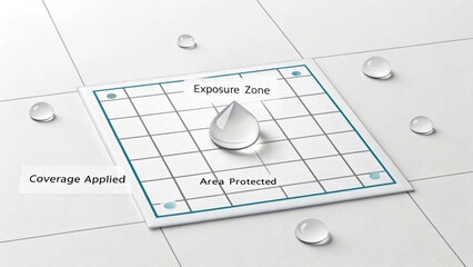 Water droplet on square grid with labels showcasing exposure zone, coverage applied, and area protected in clean setting