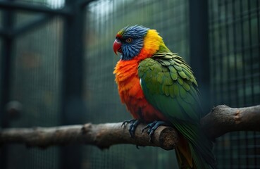 Obraz premium Colorful parrot with vibrant orange blue and green plumage perches on a natural wooden branch inside a bird enclosure. Its sharp beak and alert eyes scan its surroundings.