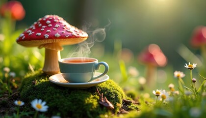 Steaming teacup sits on moss beneath red mushroom. White daisies dot rich green meadow. Magical forest scene glows with soft sunlight. Tiny toadstools and flora surround tranquil setting.