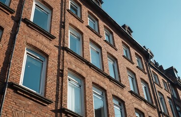 Fototapeta premium Old brick building facade with multiple windows. Facade shows worn texture and classic architectural details. Residential or office structure against clear blue sky.