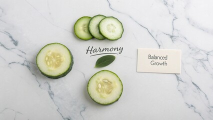 Fresh cucumber slices arranged on marble with harmony and balanced growth labels, symbolizing health and vitality