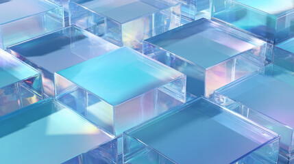 An array of translucent, geometric cubes in various shades of blue creating a mesmerizing visual. The interplay of light and form generates a sense of depth and complexity.