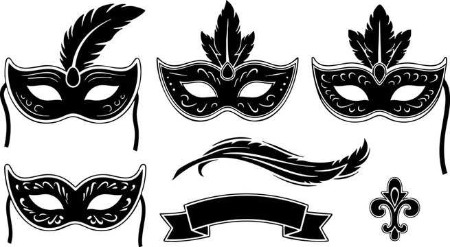 Set of elegant black carnival masks with feathers and decorative elements for festive costume parties and masquerade events vector illustration